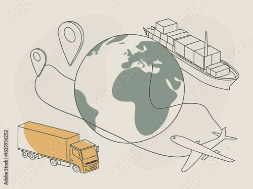 Global logistics and transportation network connecting continents with ships trucks and airplanes illustrating worldwide delivery services