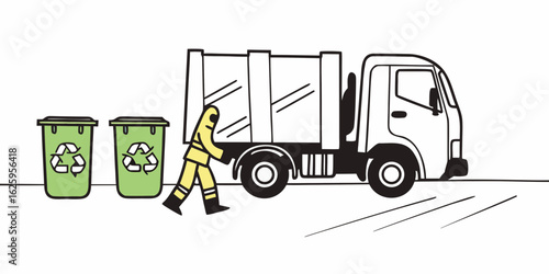 Sanitation worker in protective suit collecting recycling bins with garbage truck on street