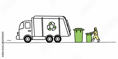 A sanitation worker in a yellow suit pushes green trash bins towards a recycling truck with a prominent recycling symbol on its side