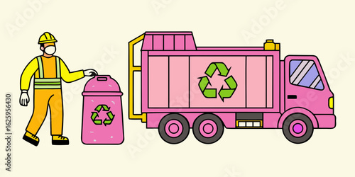 Cartoon recycling worker in safety gear places bin next to pink recycling truck with green recycling symbol