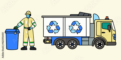 Sanitation worker in protective gear collects waste from a blue bin next to a recycling truck with prominent recycling symbols