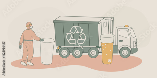 Person in protective suit collects waste with recycling truck and large glass of beverage nearby