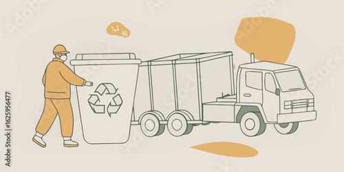 Sanitation worker in protective gear and mask moves a large recycling bin towards a garbage truck illustration