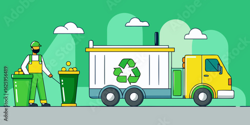 Sanitation worker in uniform collecting waste into bins next to a recycling truck with a prominent green recycling symbol