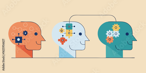 Three stylized heads with gears and puzzle pieces inside representing interconnected minds and collaborative thinking