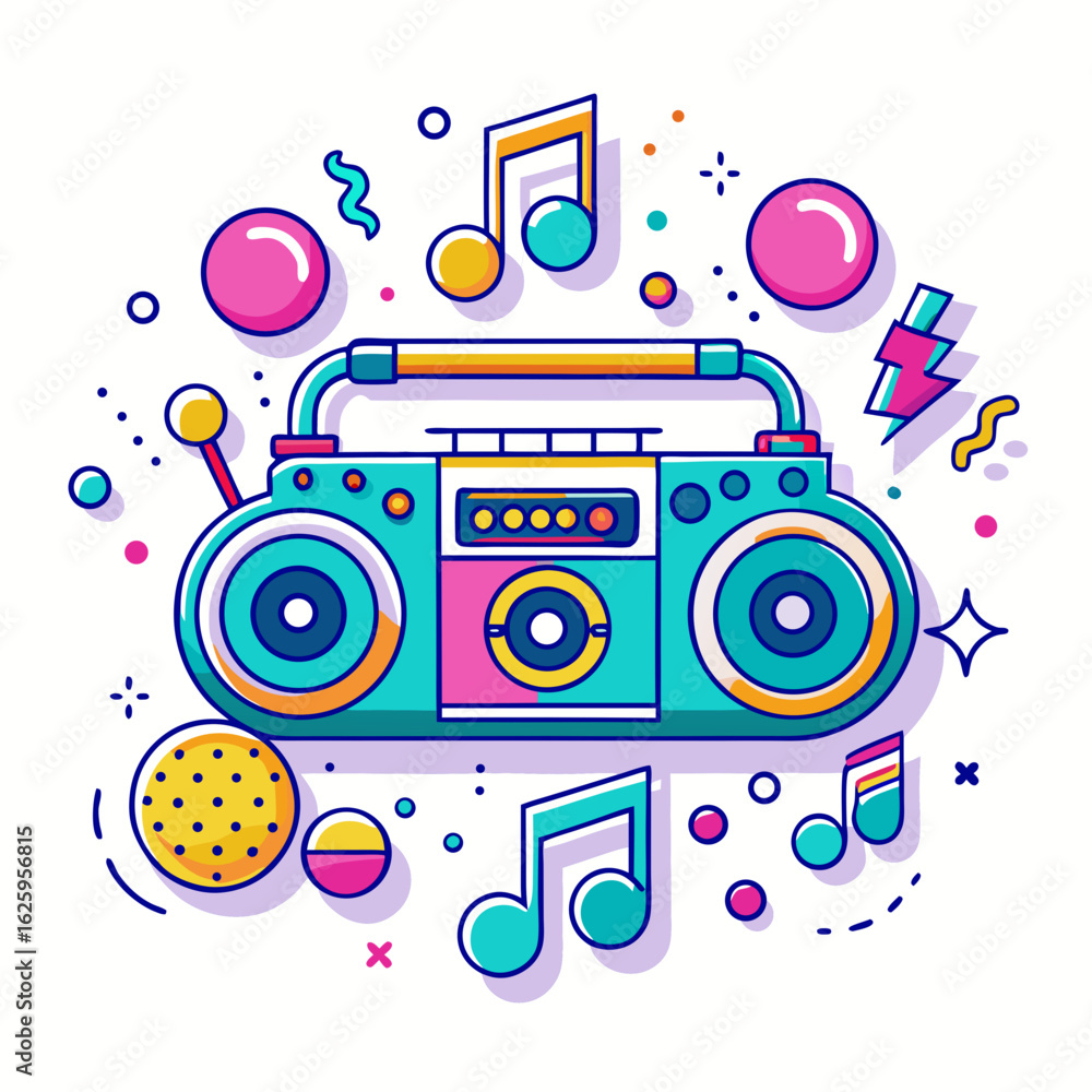 Obraz premium Retro boombox with musical notes and party elements isolated on white background
