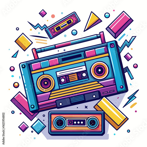 Retro boombox and cassette tapes with geometric shapes isolated on white background