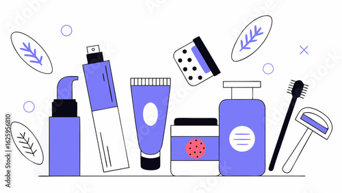 A collection of modern flat design beauty and skincare products including creams serums and a razor with decorative elements