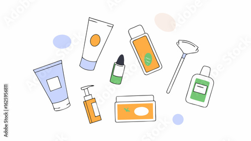 Collection of hand drawn cosmetic products and skincare items arranged artistically on a white background