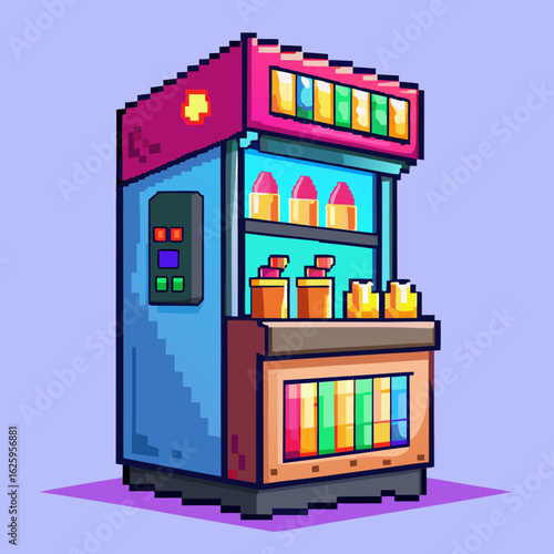 Pixel art vending machine with colorful products isolated on white background