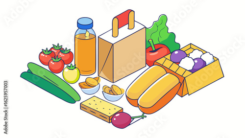Isometric illustration of a healthy food assortment including fruits vegetables juice and snacks with a paper bag