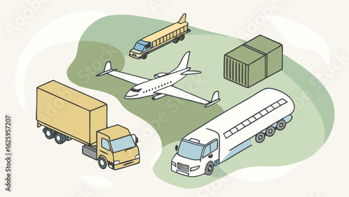 Diverse transportation methods including trucks airplane and shipping container for logistics and delivery services