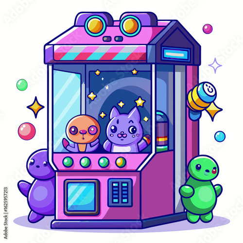 Cute kawaii claw machine with plush toys isolated on white background