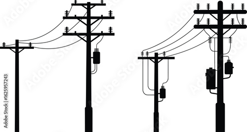 Set of vintage and modern utility electric power poles with wires, transformers, energy distribution system, flat vector illustration