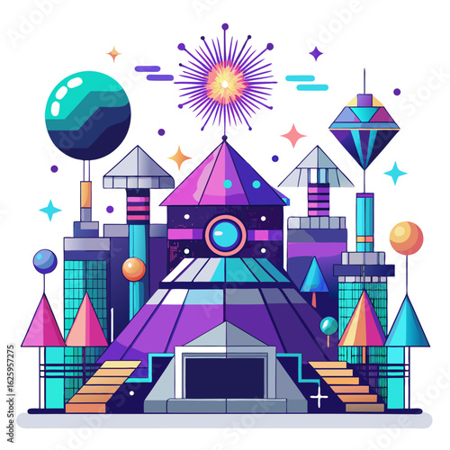 Futuristic cityscape with geometric shapes and fireworks isolated on white background