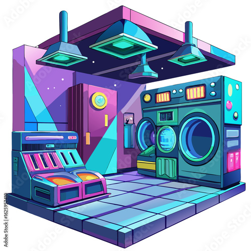 Retro futuristic laundromat scene with washing machines and arcade game isolated on white background