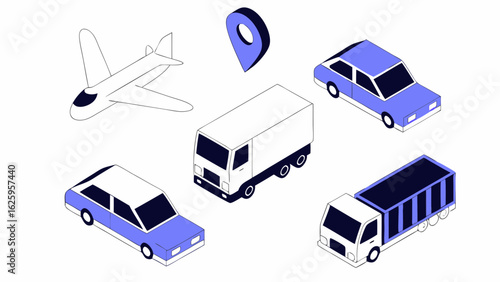 Collection of isometric transportation vehicles including cars trucks and an airplane with a location pin icon on a white background