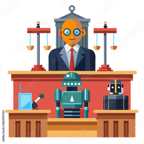 Robots in courtroom with judge and scales of justice isolated on white background