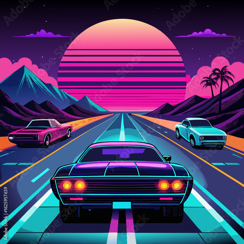 Retro synthwave cars driving on highway at sunset isolated on white background