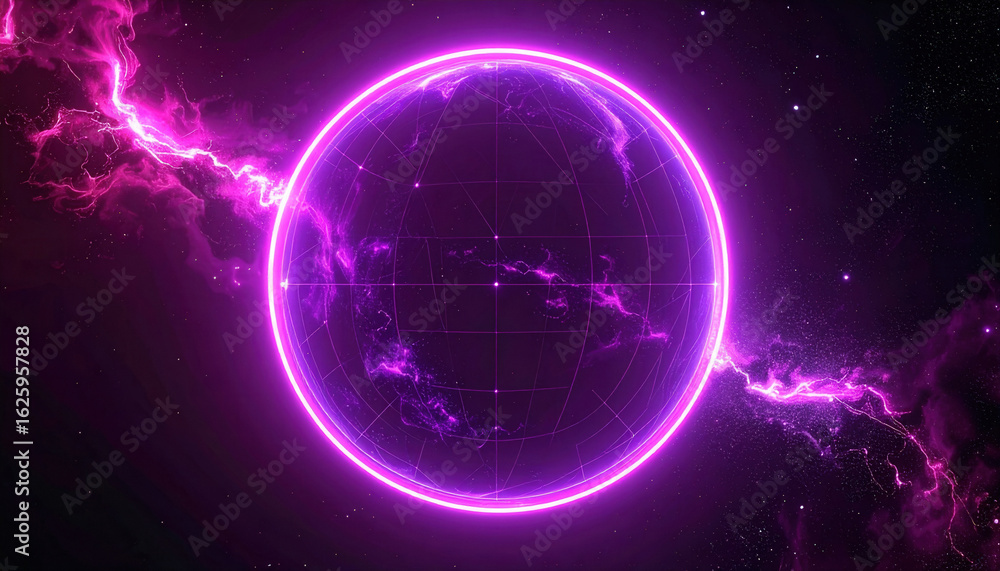 Obraz premium A neural network of the world, depicted as a three-dimensional diagram against a black backdrop, with AI beams emitting a neon glow. The image is of exceptional quality.