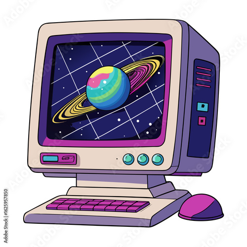 Retro computer displaying a colorful planet in space isolated on white background