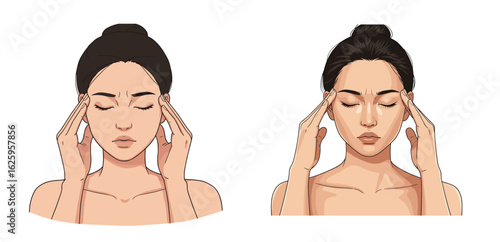 Illustration Vector Depicting a Woman with Headache Touching Temples in Cartoon Style