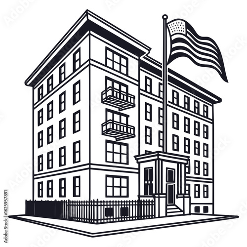 Illustration of a multistory building with an american flag waving in the wind