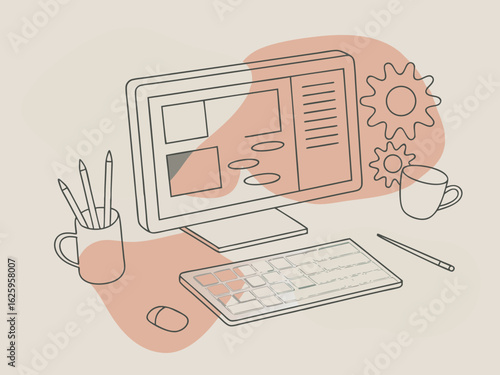 Modern minimalist illustration of a desktop computer setup with a keyboard mouse pencils in a mug and gears symbolizing workflow and productivity