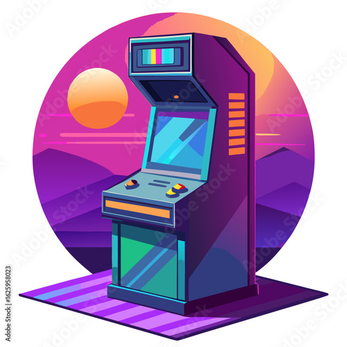 Retro arcade machine with neon sunset and mountains isolated on white background