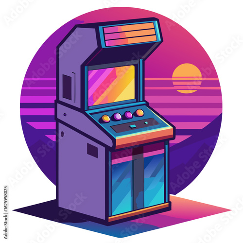 Retro arcade machine with neon sunset landscape isolated on white background