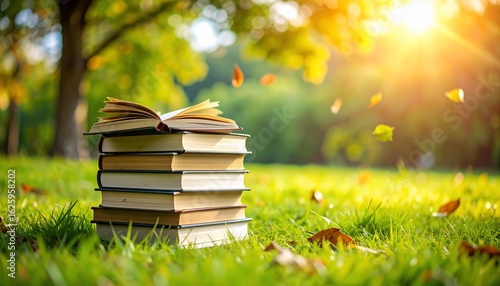 Autumn Reading in the Park: A Stack of Books on Grass with Falling Leaves and Sunlight