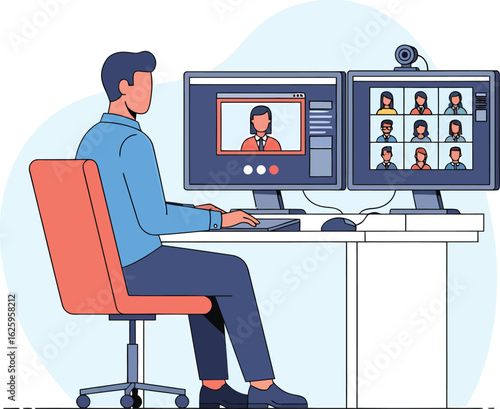 Man participating in a video conference with multiple colleagues.