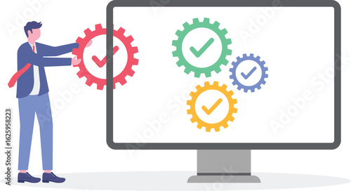 Flat illustration of remote worker filling checklist containers on digital conveyor belt to represent task batching and workflow automation
