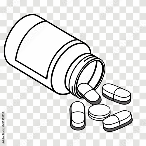 Pills spilling out of bottle isolated on transparent background, vector line illustration