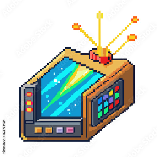 Retro pixel art television with antenna isolated on white background