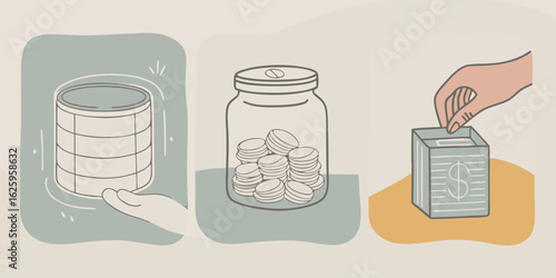 Illustration of saving money through different methods including a hand holding coins a jar filled with coins and a hand depositing money into a piggy bank