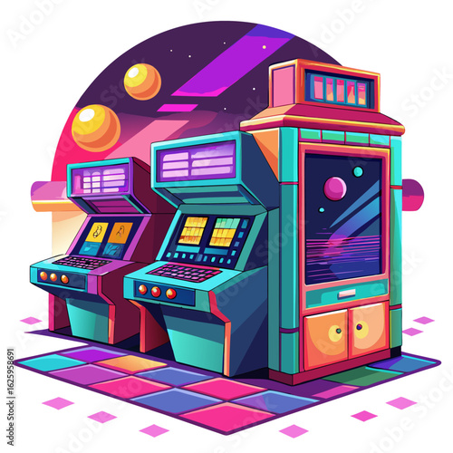 Retro arcade machines with neon lights and space background isolated on white background