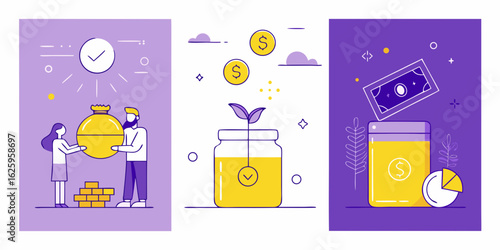 Financial growth and investment concept with people saving money and plant growing from jar with coins and banknotes