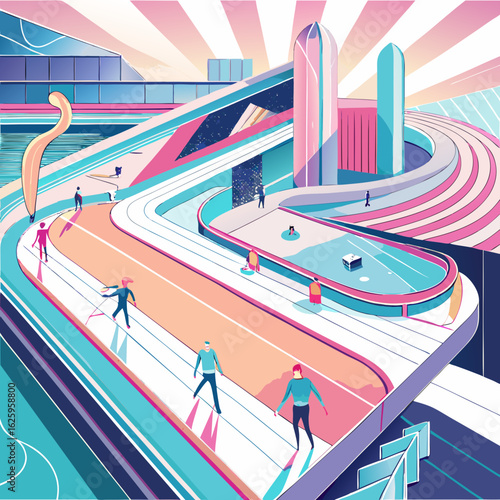 Futuristic cityscape with people engaging in sports and leisure activities isolated on white background