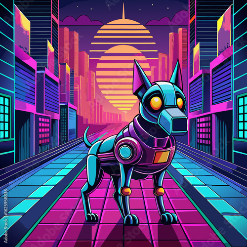 Futuristic robot dog in neon cityscape isolated on white background