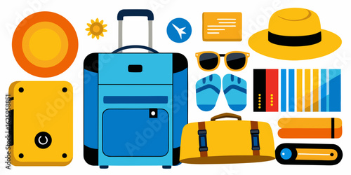 Collection of colorful travel essentials including suitcases a hat sunglasses flip flops and beach towels for a vacation
