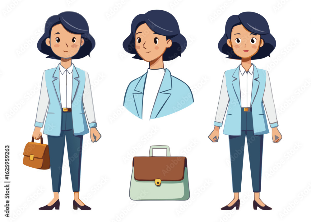 Professional business woman character design with multiple poses and accessories including a briefcase and jacket details Professional business woman character design with multiple poses and accessories including a briefcase and jacket details