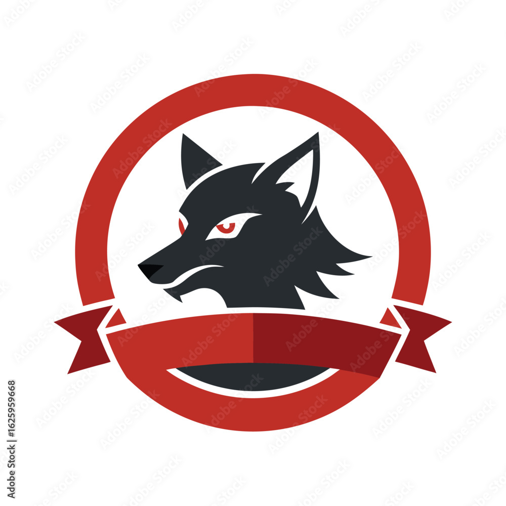 Obraz premium Coywolf head in hybrid circle badge with lone ribbon theme vector art illustration