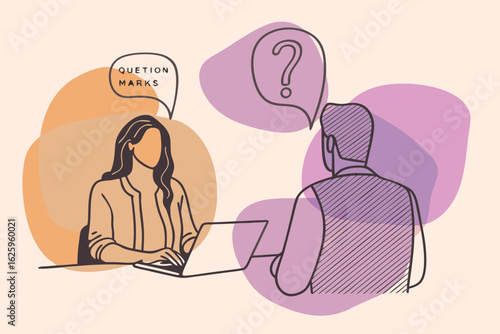 Two people in a conversation with speech bubbles containing question marks and the word question marks