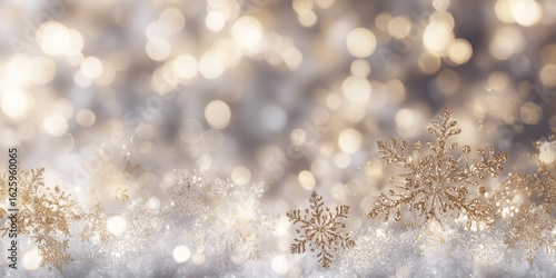 white Christmas background with delicate snowflakes and shimmering gold sequins, soft bokeh lights