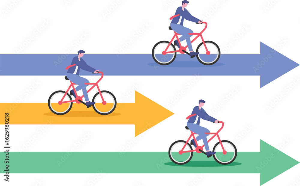 Fototapeta premium Flat illustration of businessman and businesswoman race on arrow track symbolizing competition to achieve sales and performance goal