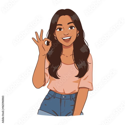 Happy young woman showing the OK hand gesture. A cheerful cartoon character illustration expressing positivity and approval.