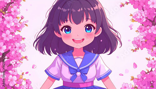 Anime Style Close-Up Portrait of a Smiling Girl – Soft Natural Makeup and Flowing Hair, Pastel Aesthetic