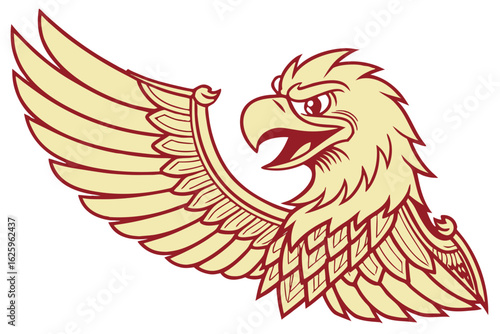 Simple vector garuda, cartoon style, flat gold and red tones, majestic yet friendly face