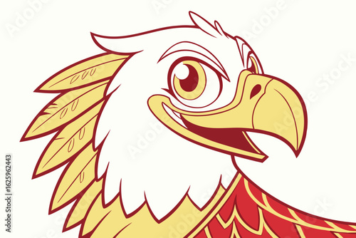 Simple vector garuda, cartoon style, flat gold and red tones, majestic yet friendly face